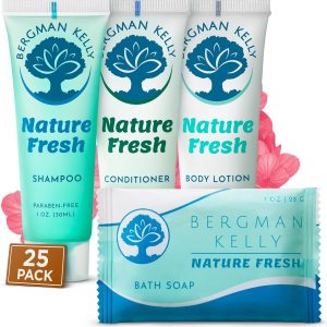 Bergman Kelly Hotel Toiletries Bundle (Nature Fresh, 1 oz each, 100 Pieces) 4-Piece Set: 25 Rectangular Bar Soap, 25 Shampoo, 25 Conditioner & 25 Body Lotion - Bulk Mini Guest Amenities
