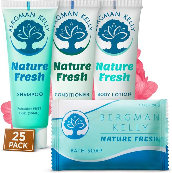 Bergman Kelly Hotel Toiletries Bundle (Nature Fresh, 1 oz each, 100 Pieces) 4-Piece Set: 25 Rectangular Bar Soap, 25 Shampoo, 25 Conditioner & 25 Body Lotion - Bulk Mini Guest Amenities