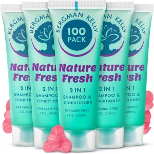 BERGMAN KELLY Travel Size Shampoo & Conditioner 2 in 1 (1 Fl Oz, 100 PK, Tropical Waterfall), Delight Your Guests with Invigorating and Refreshing Shampoo Amenities, Small Hotel Toiletries in Bulk