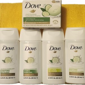 Dove Travel Essentials: TSA Approved Travel Size Toiletries Bath Amenities with Soap, Body Wash, Shampoo & Conditioner with THS Towel Traveling Essentials for Flying or Hospital Bag Essentials