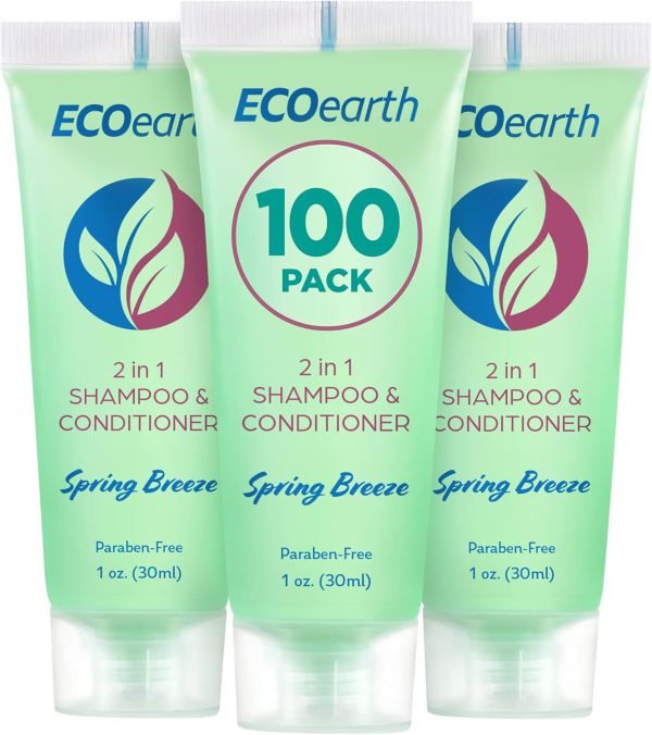 Travel Size Shampoo Conditioner 2-in-1 (1 fl oz, 100 PK, Spring Breeze) Delight Your Guests w/Revitalizing & Refreshing Conditioning Shampoo Amenities, Small Size Hotel Toiletries in Bulk
