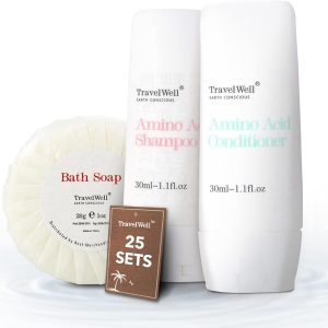 TRAVELWELL Hotel Amenities 30ml Shampoo (25 Bottles) + Conditioner (25 Bottles) + Mini Soap Bars (25 Bars, 28g) | Travel Size Toiletry Set